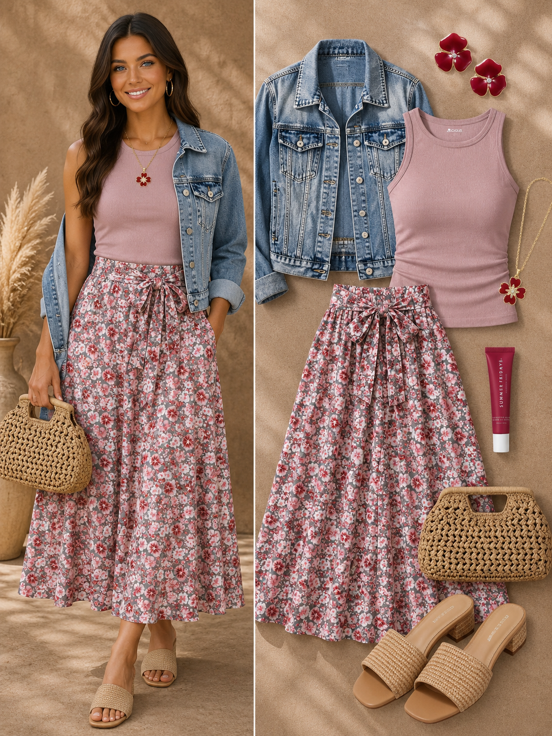 long maxi skirt, tank top and denim jacket outfit inspo