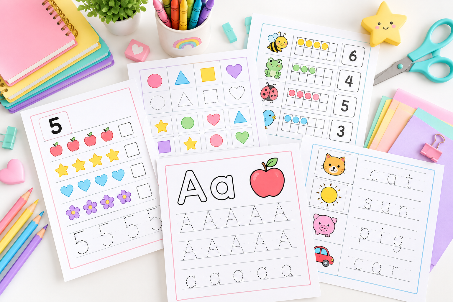 Colorful children's educational worksheets on a white desk, including activities with shapes, numbers, letters, and pictures, surrounded by colored pencils, scissors, and decorative items.