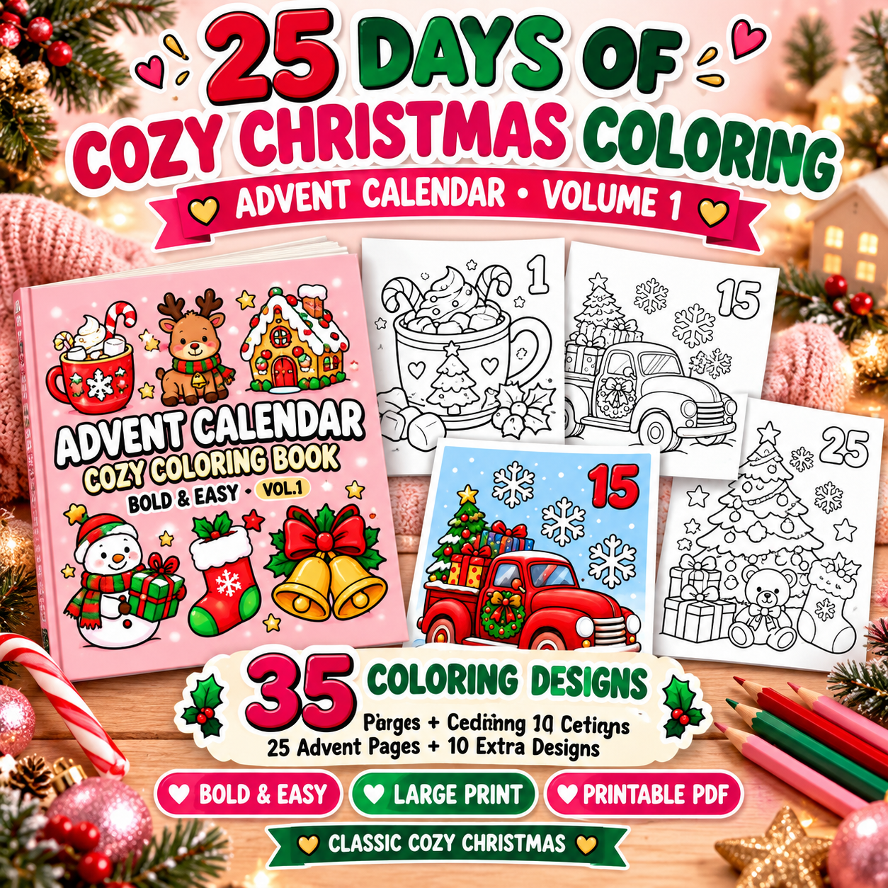 Christmas Advent Calendar Coloring Book — 35 Bold & Easy Pages