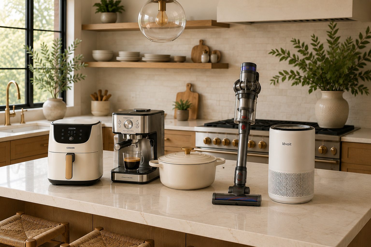 Kitchen with countertop appliances, including a rice cooker, espresso machine with a cup of coffee, a Dyson vacuum cleaner, and a white air purifier. Background features open shelves with dishes and plants, a window with natural light, and a stove with wooden knobs.