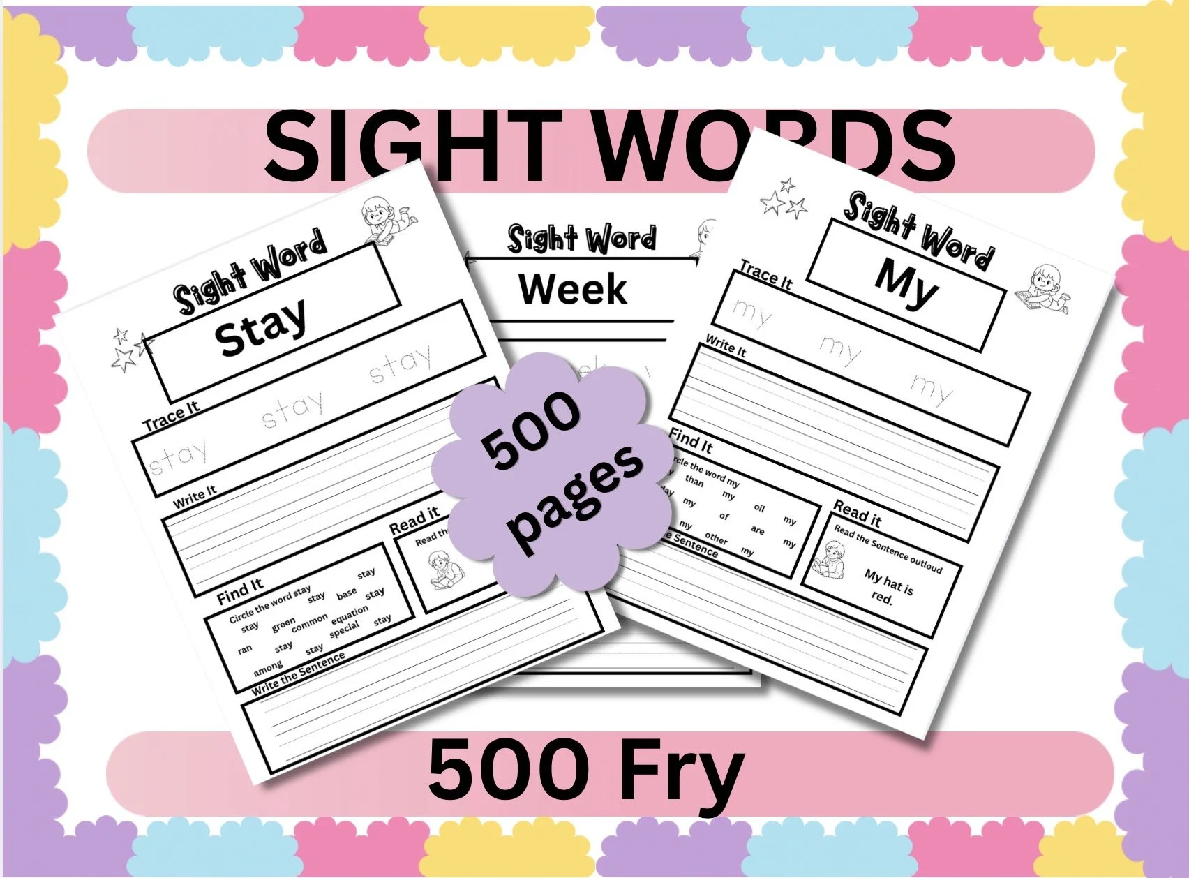 500 Fry sight words worksheets bundle - trace, read and write practice pages for preschool, kindergarten and 1st grade