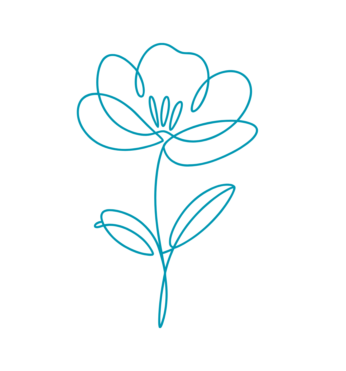 A line art illustration of a flower with a single stem, leaves, and a blooming flower at the top, drawn with continuous blue lines on a black background.