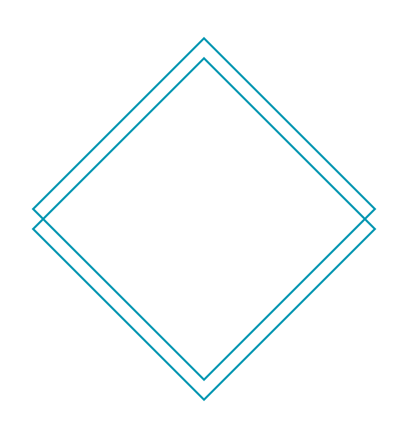 A geometric design with multiple overlapping tilted squares outlined in blue on a black background.