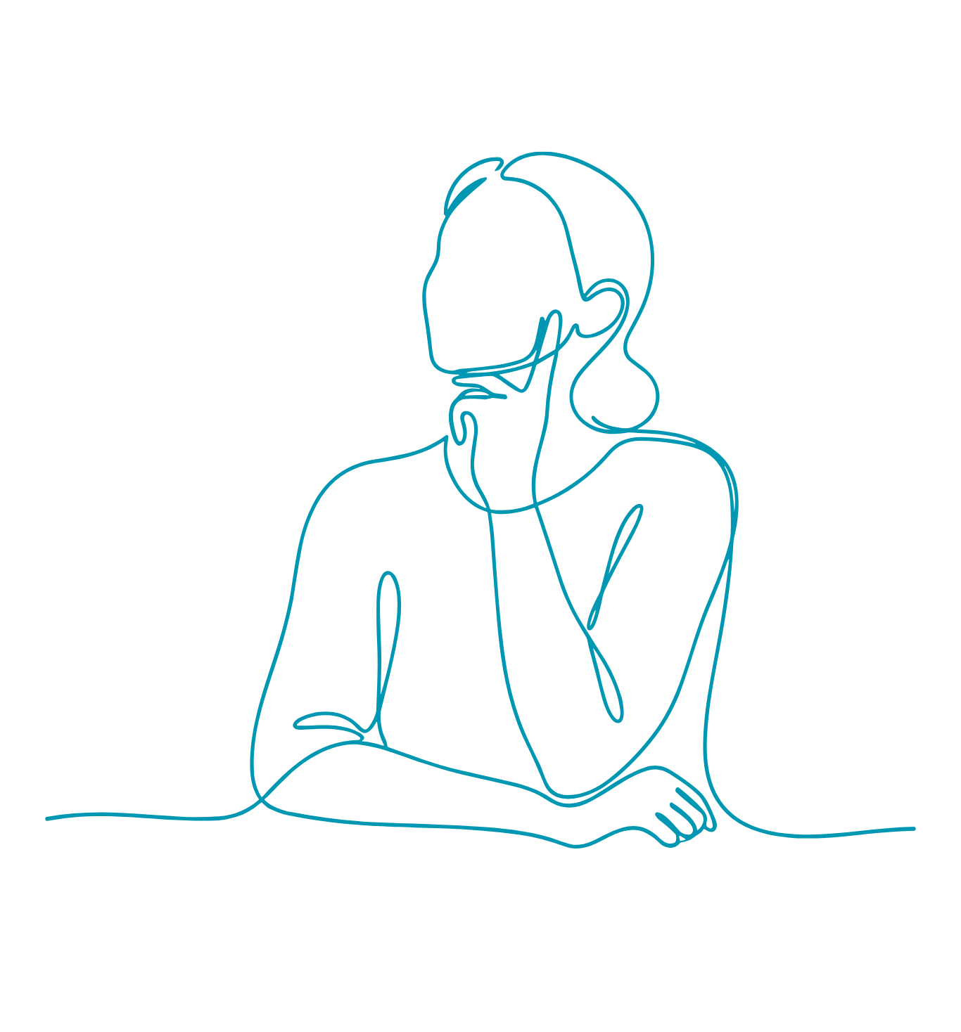 Line drawing of a woman sitting with her head resting on her hand, wearing headphones.