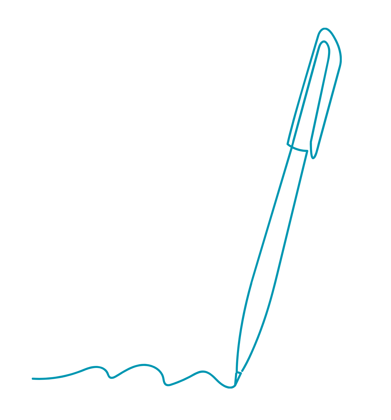 A minimalist, neon blue line drawing of a ballpoint pen writing on a surface, with ink flowing from the tip.