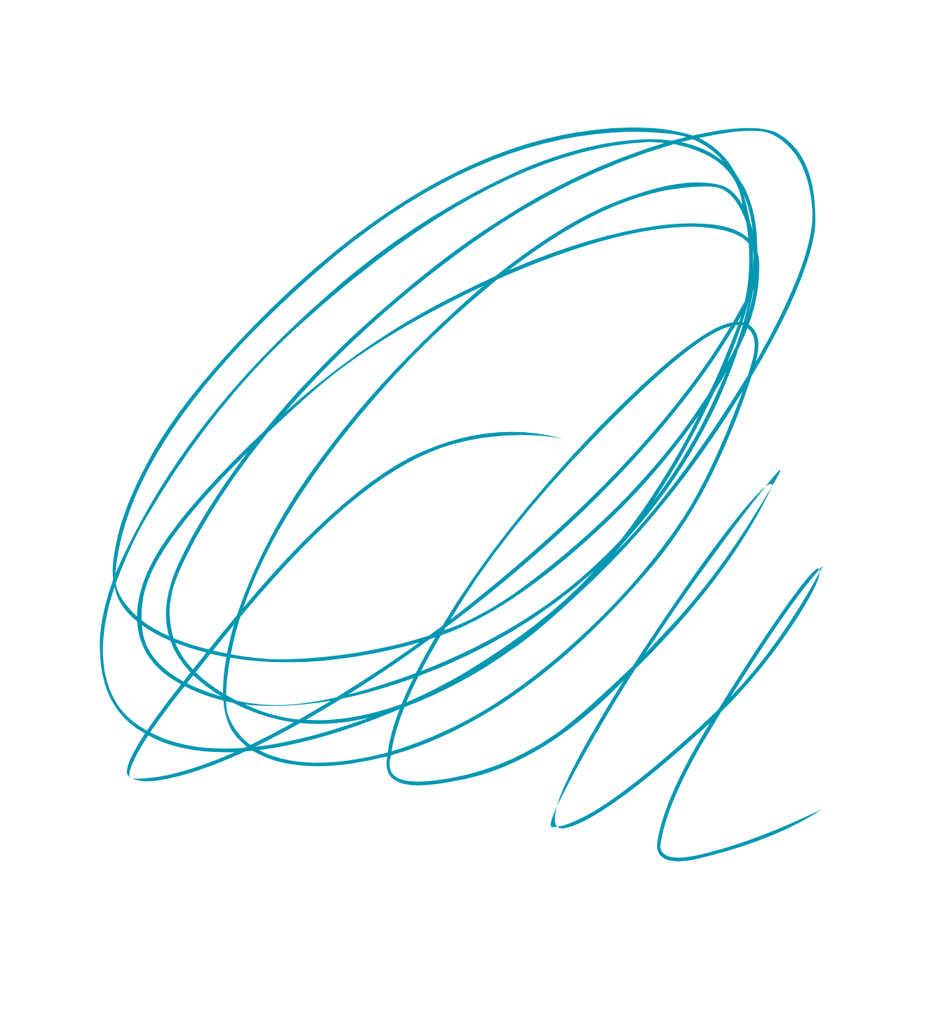 Abstract digital line art design featuring turquoise loops and swirls on a black background.