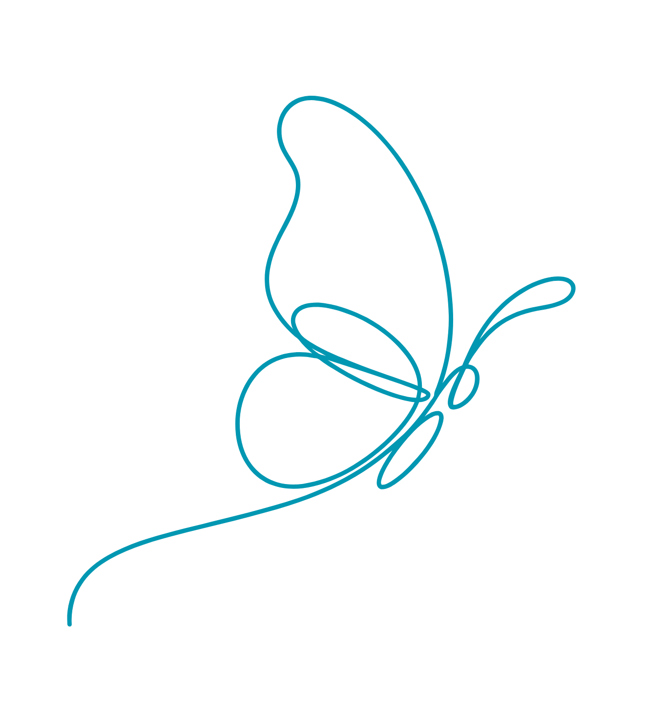 A continuous line drawing of a butterfly with wings in a simple, abstract style, depicted in blue against a black background.