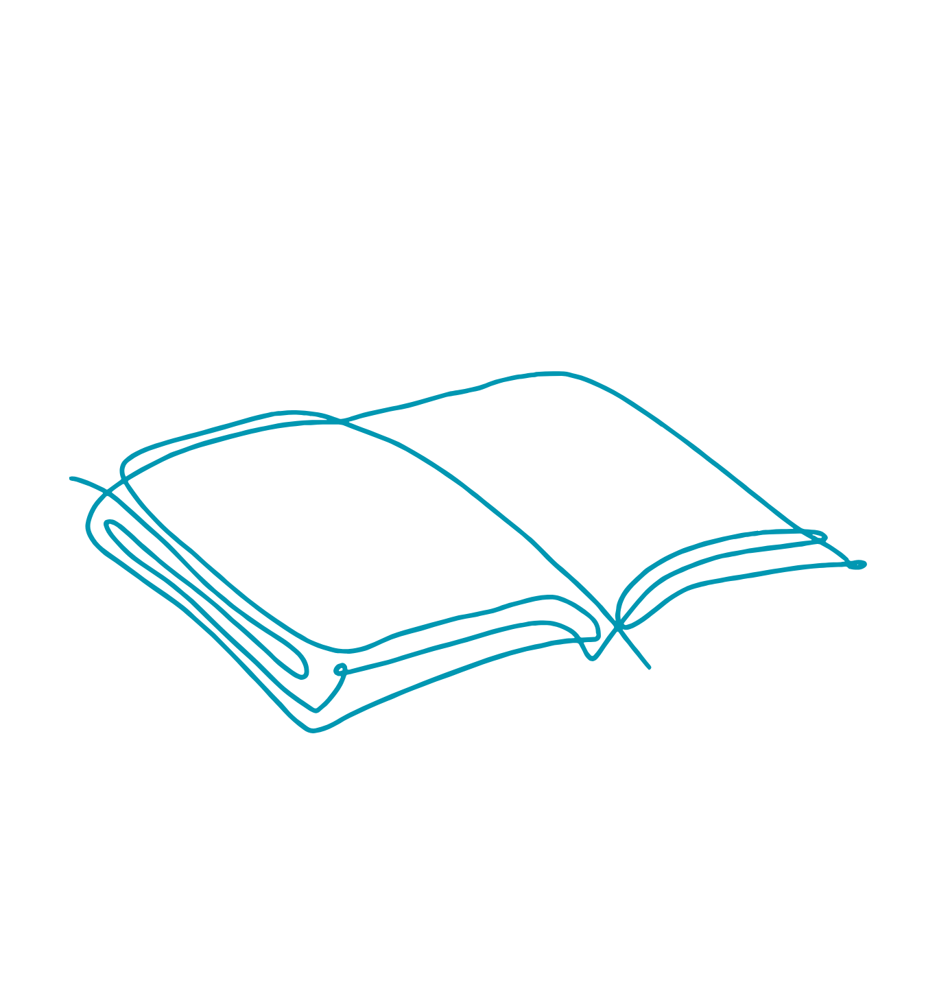 An outline illustration of an open book with blank pages, shown in blue lines on a black background.