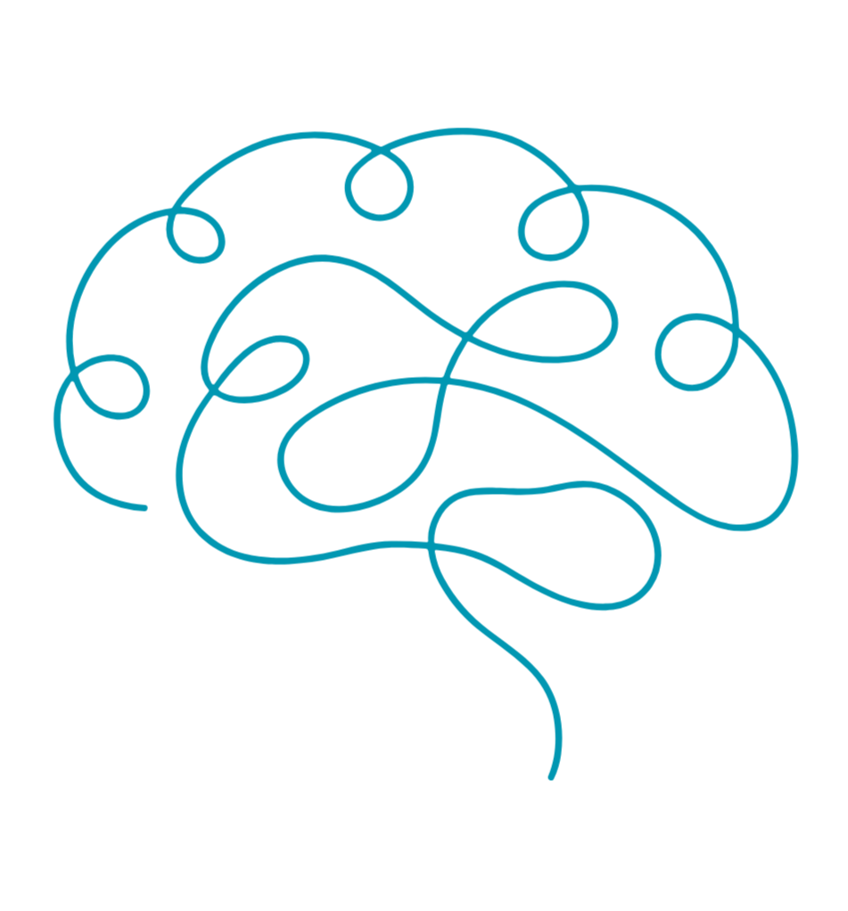 A digital illustration of a human brain with a continuous blue line forming an abstract, swirling pattern.