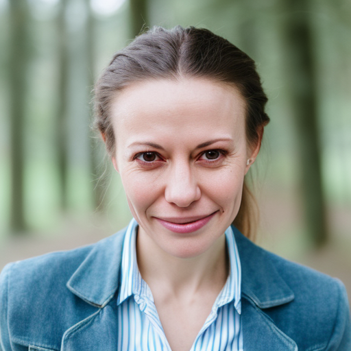 Close-up of a woman smiling outdoors with trees in the background