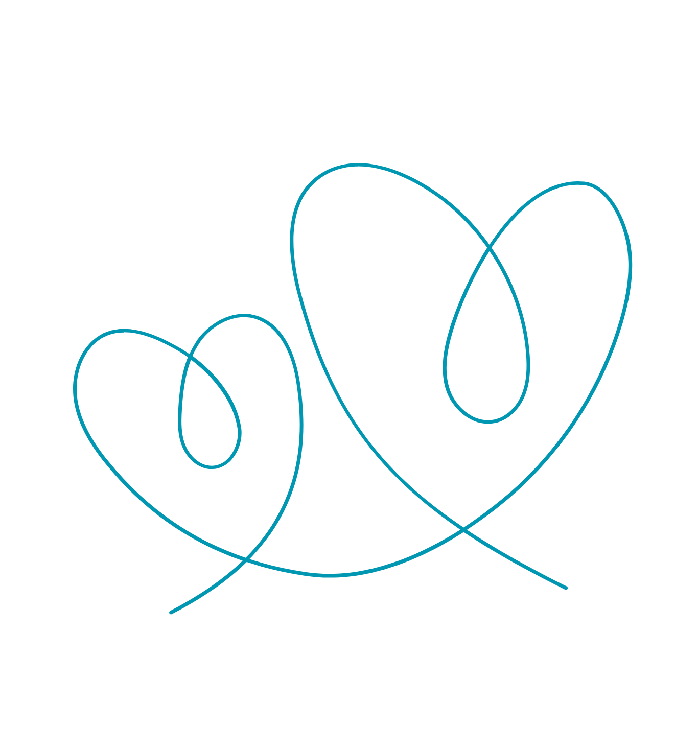 Two intertwined hearts created with blue neon light on a black background.