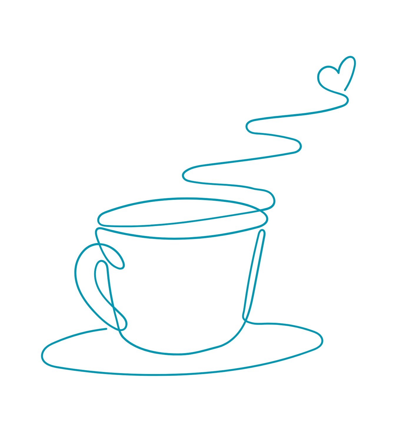 Line drawing of a coffee cup with steam rising from it, shaped like a heart.