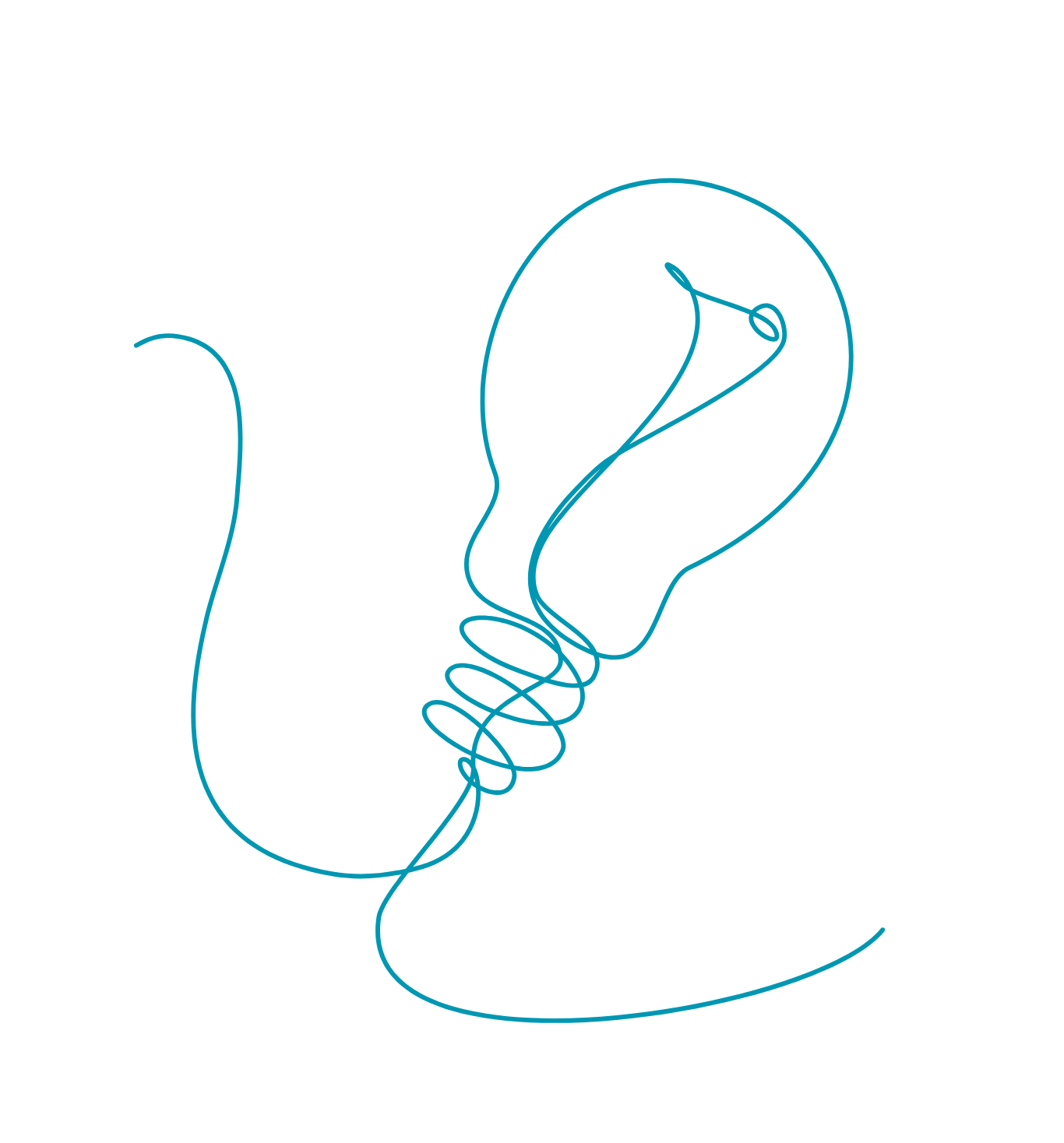 A digital line drawing of a lightbulb made from a continuous blue line on a black background.