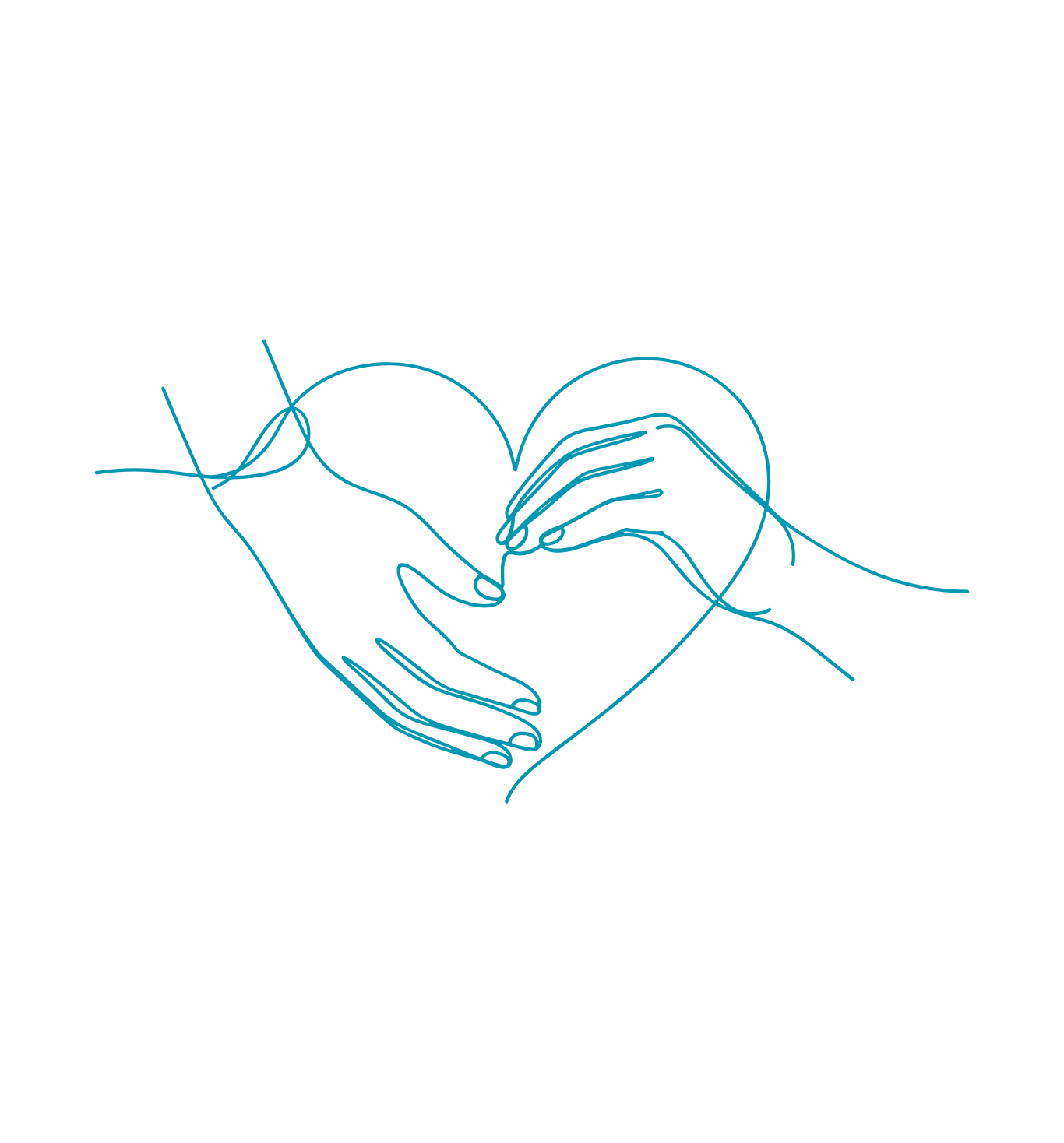 Line art of two hands forming a heart shape, drawn with blue lines on a black background.