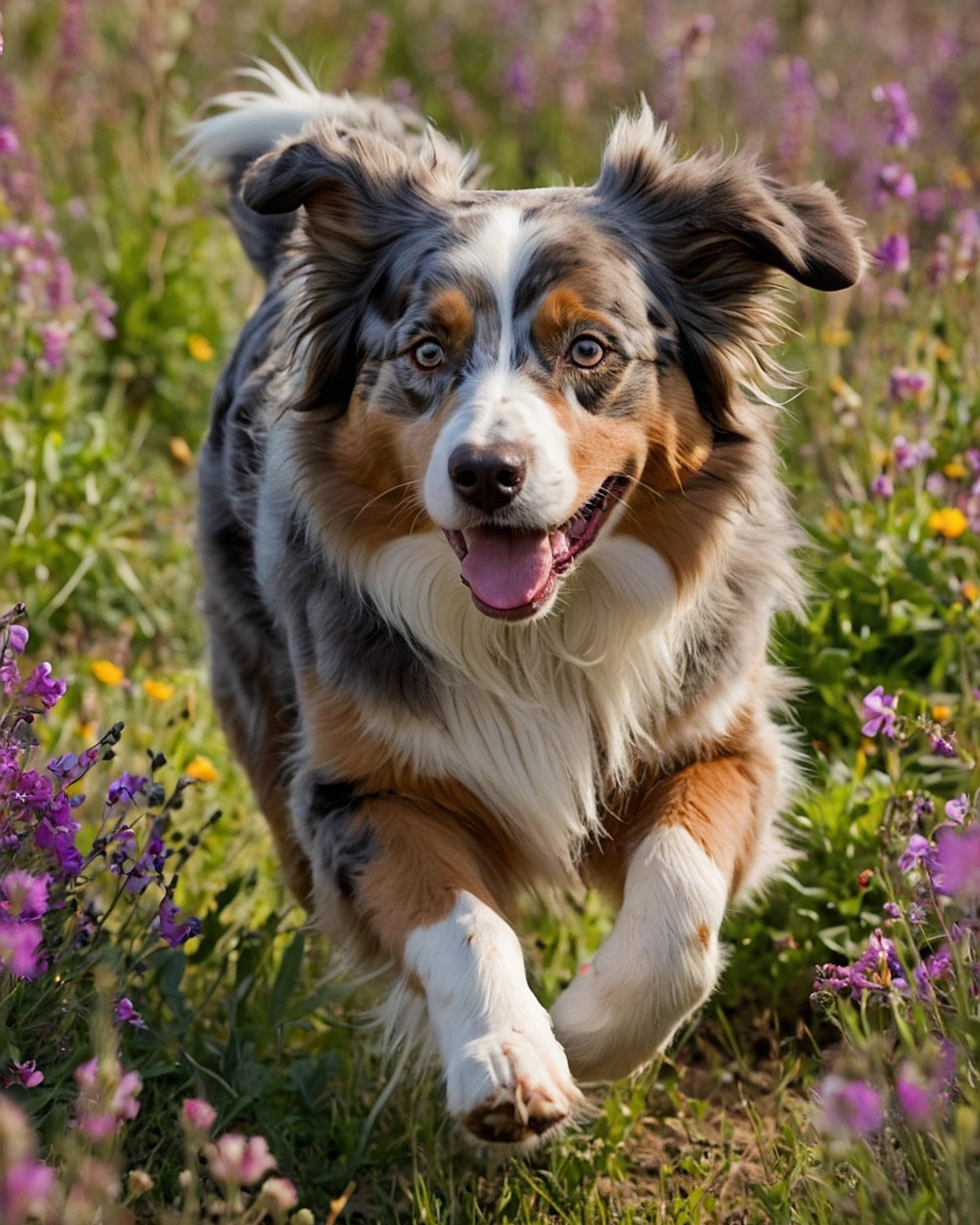 An Australian Shepherd puppy with blue eyes running through a field of pink and purple wildflowers.
