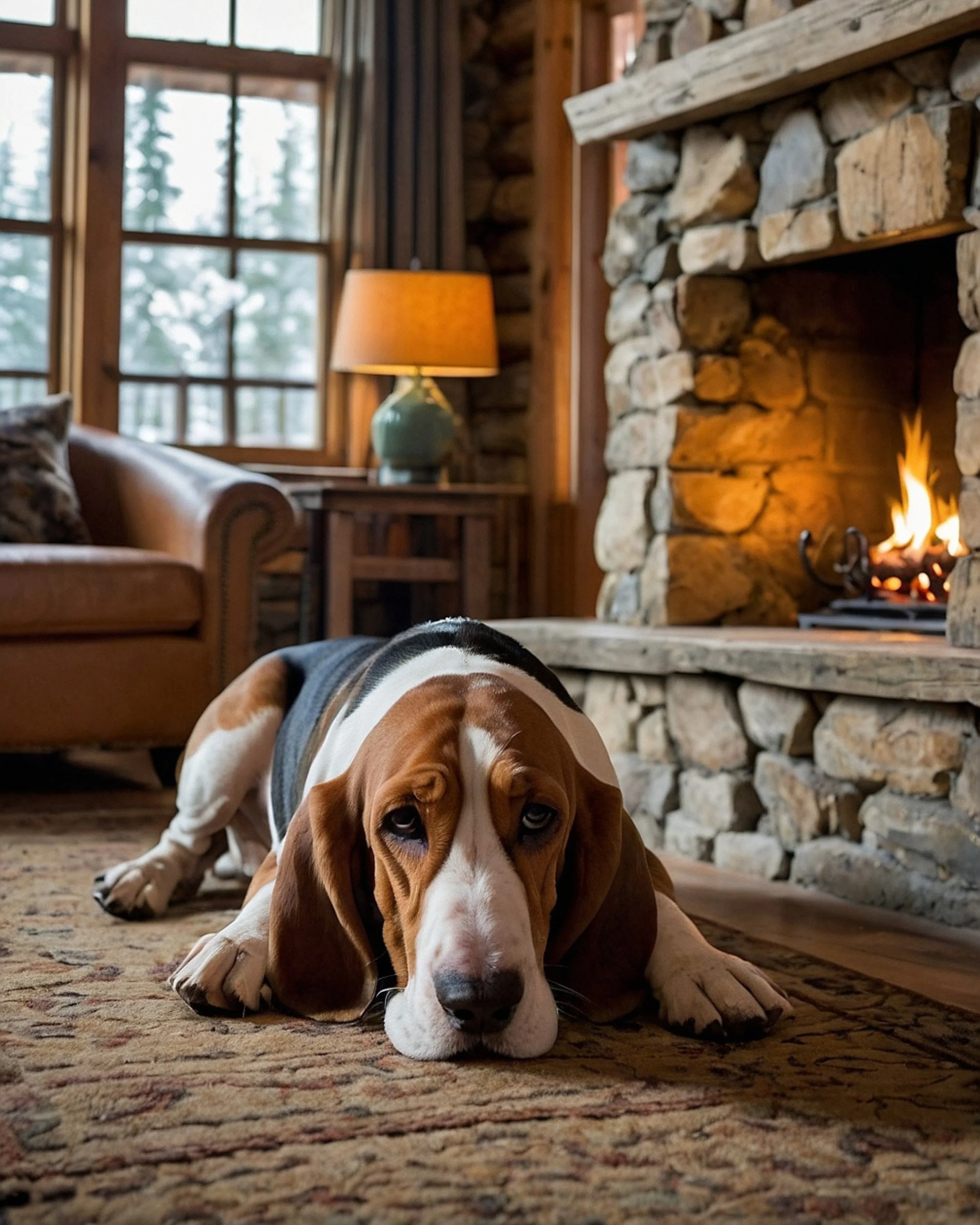 A dog with a brown and white coat lying on a patterned area rug inside a cozy cabin-like room, with a stone fireplace burning and a large window showing trees outside.