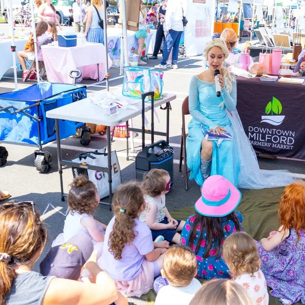 Children's Market event on July 18 and August 29 from 8:30am–12:30pm at the Downtown Milford Farmers Market run by the Downtown Milford Business Association in Milford, CT. Families enjoying youth activities, arts and crafts, storytelling and vendors