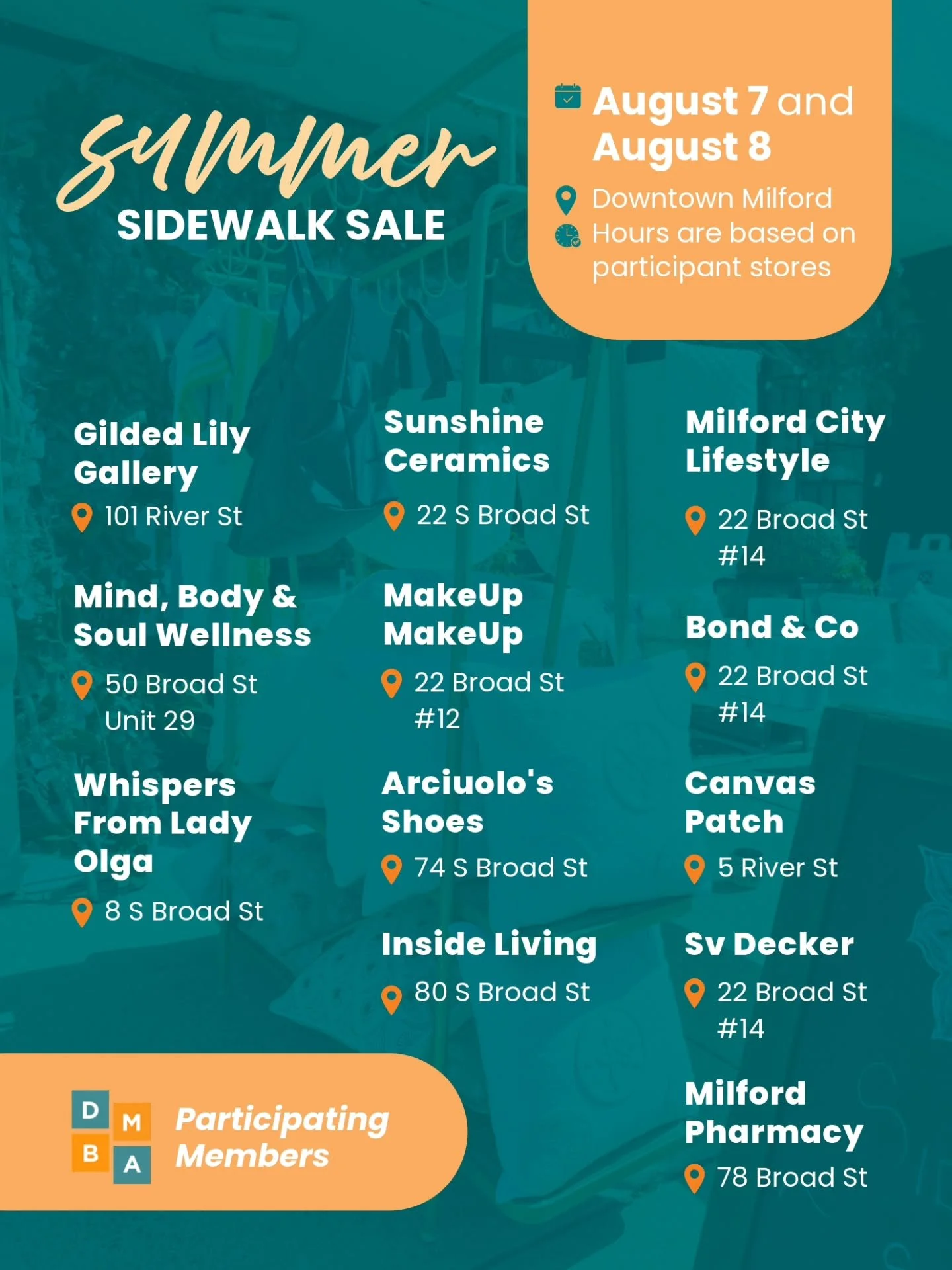 🛍️ Join us on August 7 &amp; 8 for the Summer Sidewalk Sale in Downtown Milford ! ☀️

📌 SAVE THIS POST so you know exactly where to shop and take advantage of incredible sales and exclusive deals throughout Downtown Milford!

🕒 For stores hours, v