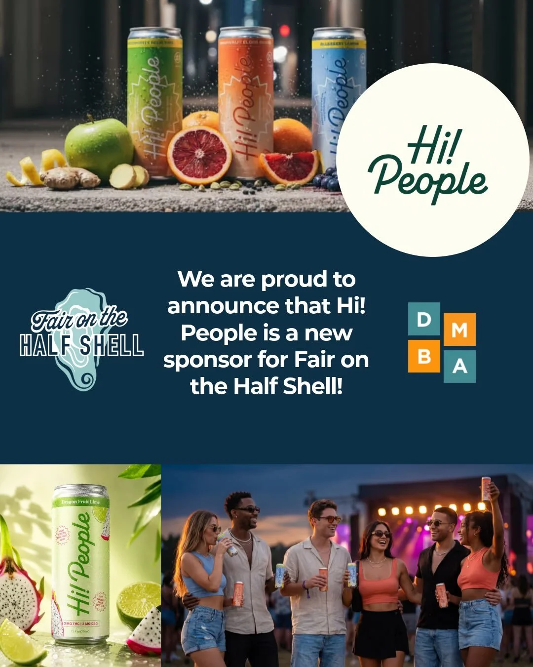 We are so excited to have Hi! People as one of our sponsors for tomorrow&rsquo;s Fair on the Half Shell! 🍋&zwj;🟩🍋 🍊

You can expect a sip and sample from Hi! People @hipeople_drinks as well as from Loyal 9 Cocktail @loyal9cocktails

Check out our