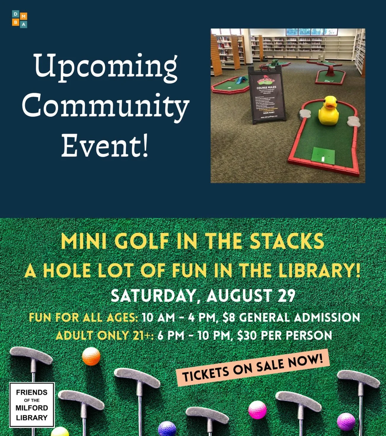 Get ready for a night of fun ⛳️🏌️

Think the library is just for quiet reading? Think again! The Milford Library is turning the bookshelves into a mini-golf course for one spectacular day and night. Whether you are bringing the family or looking for