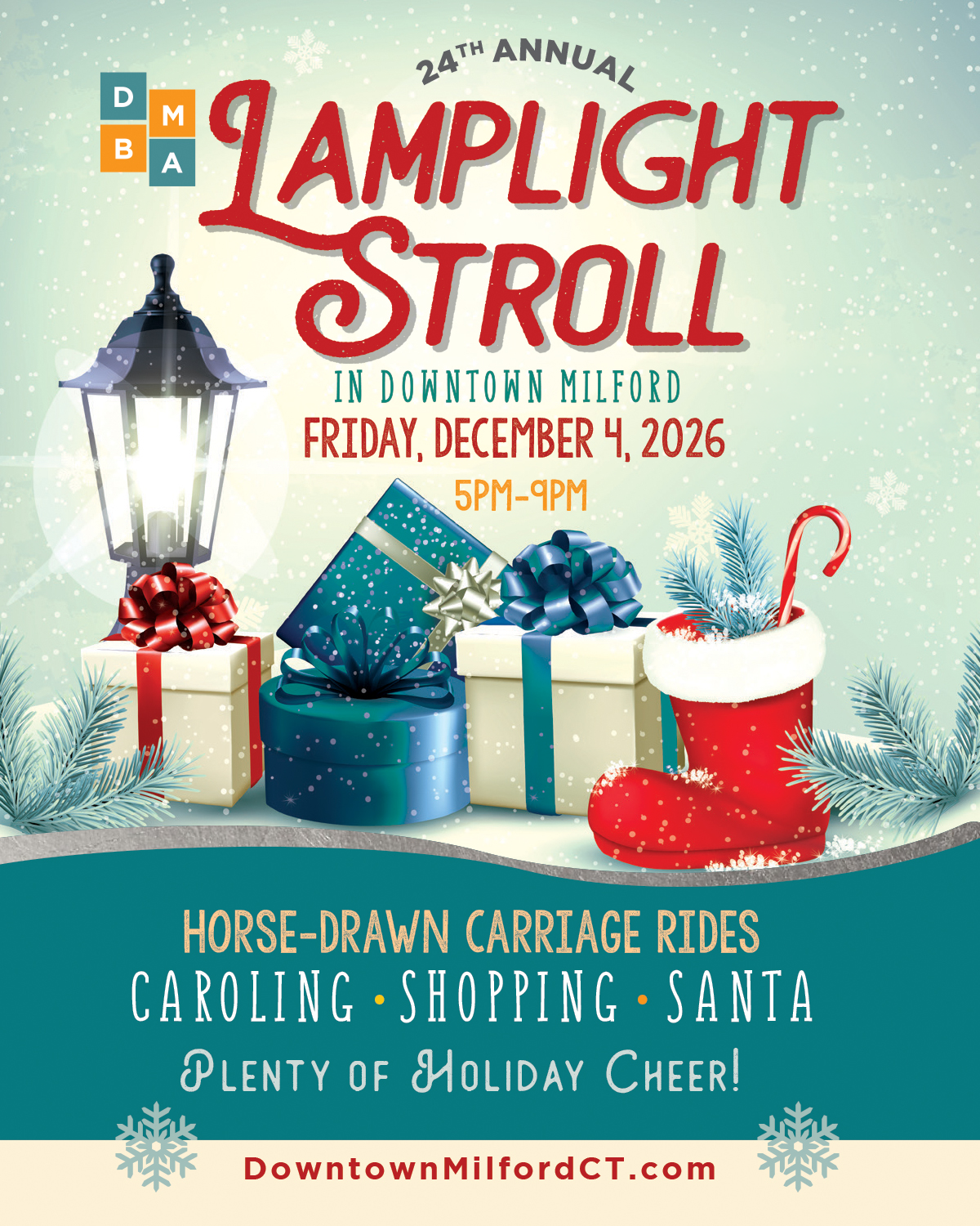 24th Annual Lamplight Stroll Christmas event in Downtown Milford, Connecticut, on December 4, 2026. Thing to do in Connecticut for the holidays for free.
