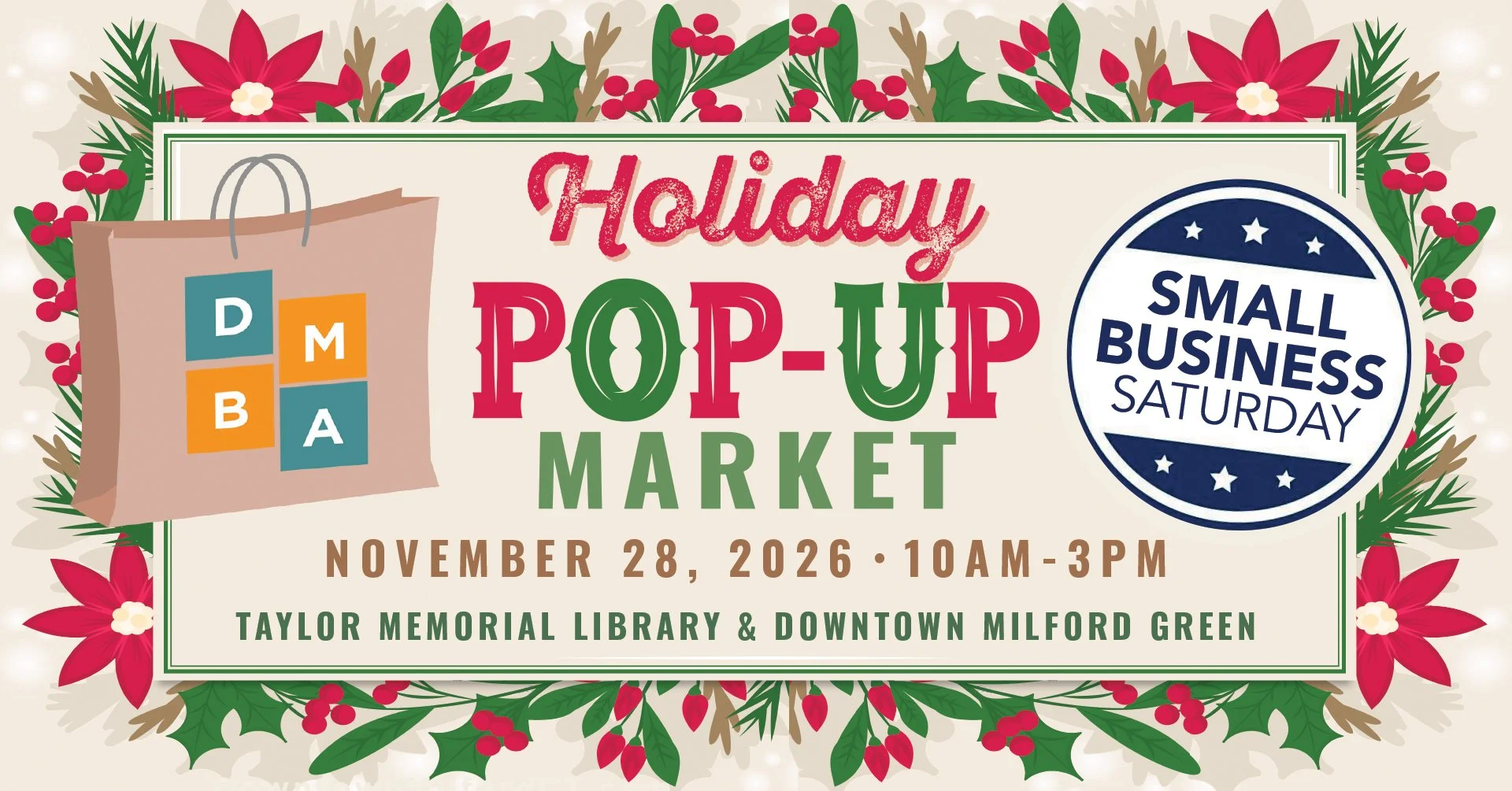 Things to do during the holidays in Downtown Milford during Small Business Saturday on November 28, 2026.