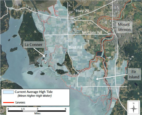 Image showing current average high tide levels and levee markers