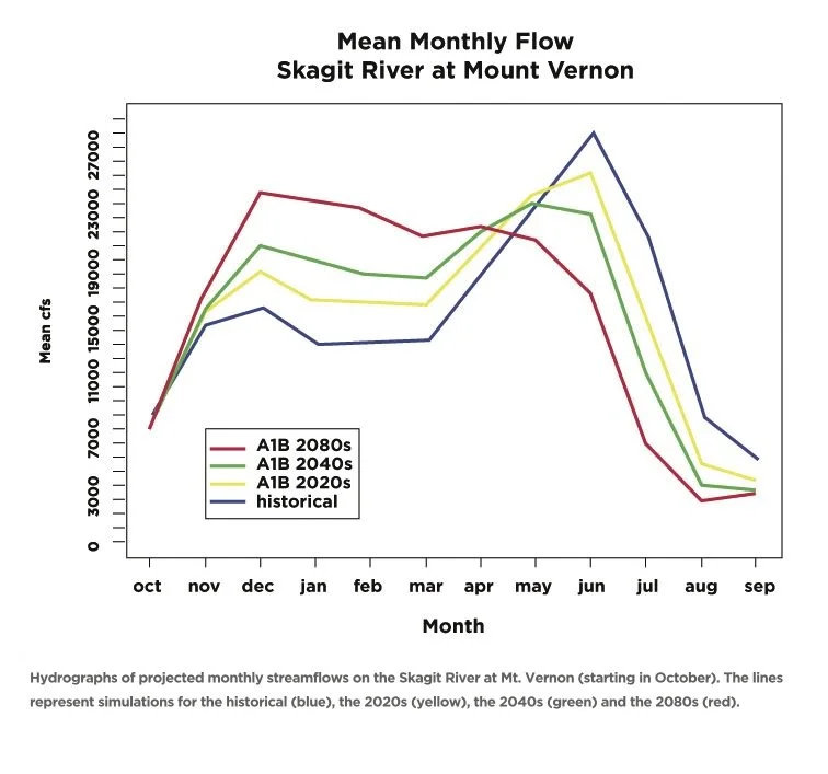 hydrographs of projected monthly streamflows on the skagit river at Mt vernon starting in October, The lines represent simulations for the historical (blue), the 2020s (yellow), the 2040s (green) and 2080s (red)