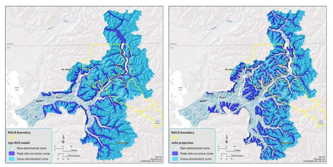 he light  blue shading indicates the snow dominated zone and the darker blue  indicates the Rain on Snow (ROS) zone in skagit basin