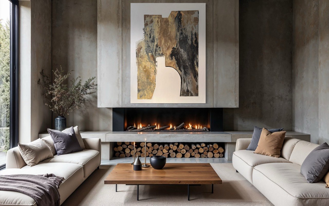 Contemporary living room with fireplace, abstract artwork, neutral sofas, and wooden coffee table.