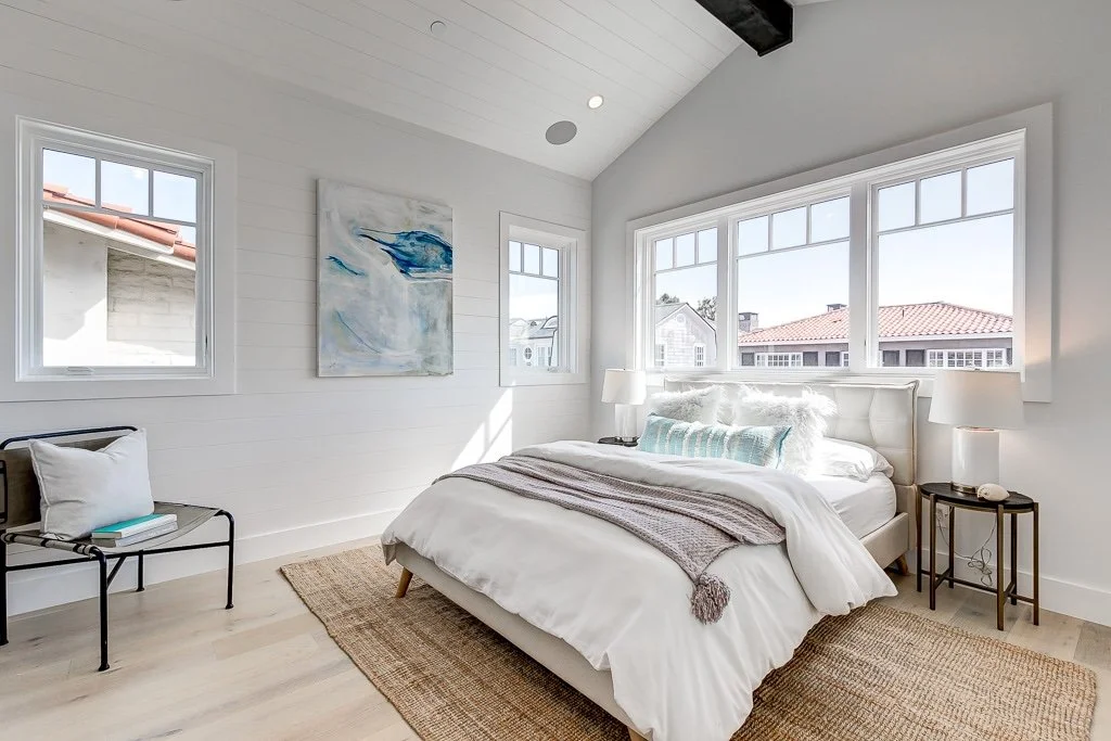 Contemporary bedroom staged for a luxury home in Newport Beach, CA 
