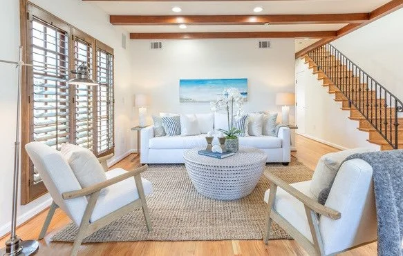 Coastal real estate home staging living room in Santa Monica, CA