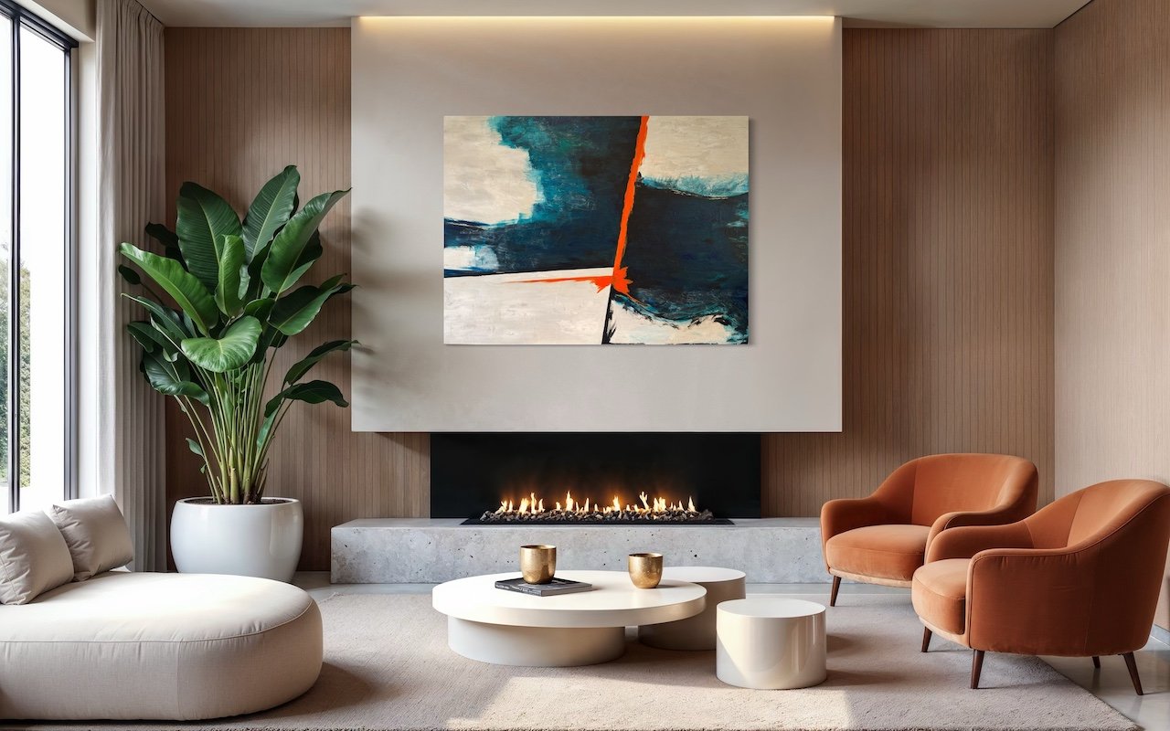 Modern staged living room with a curated painting for a house for sale in Los Angeles, CA