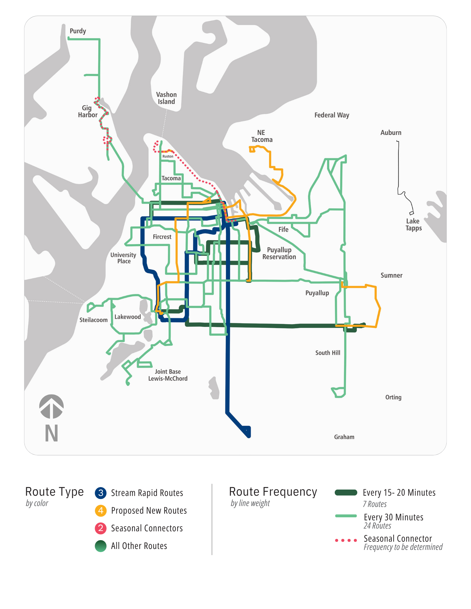 A map shows what Pierce Transit service would look like if Pierce Transit Proposition 1 passes in November. It shows four new routes, three Stream rapid routes, and buses running more frequently, with no more hour-long waits for buses.