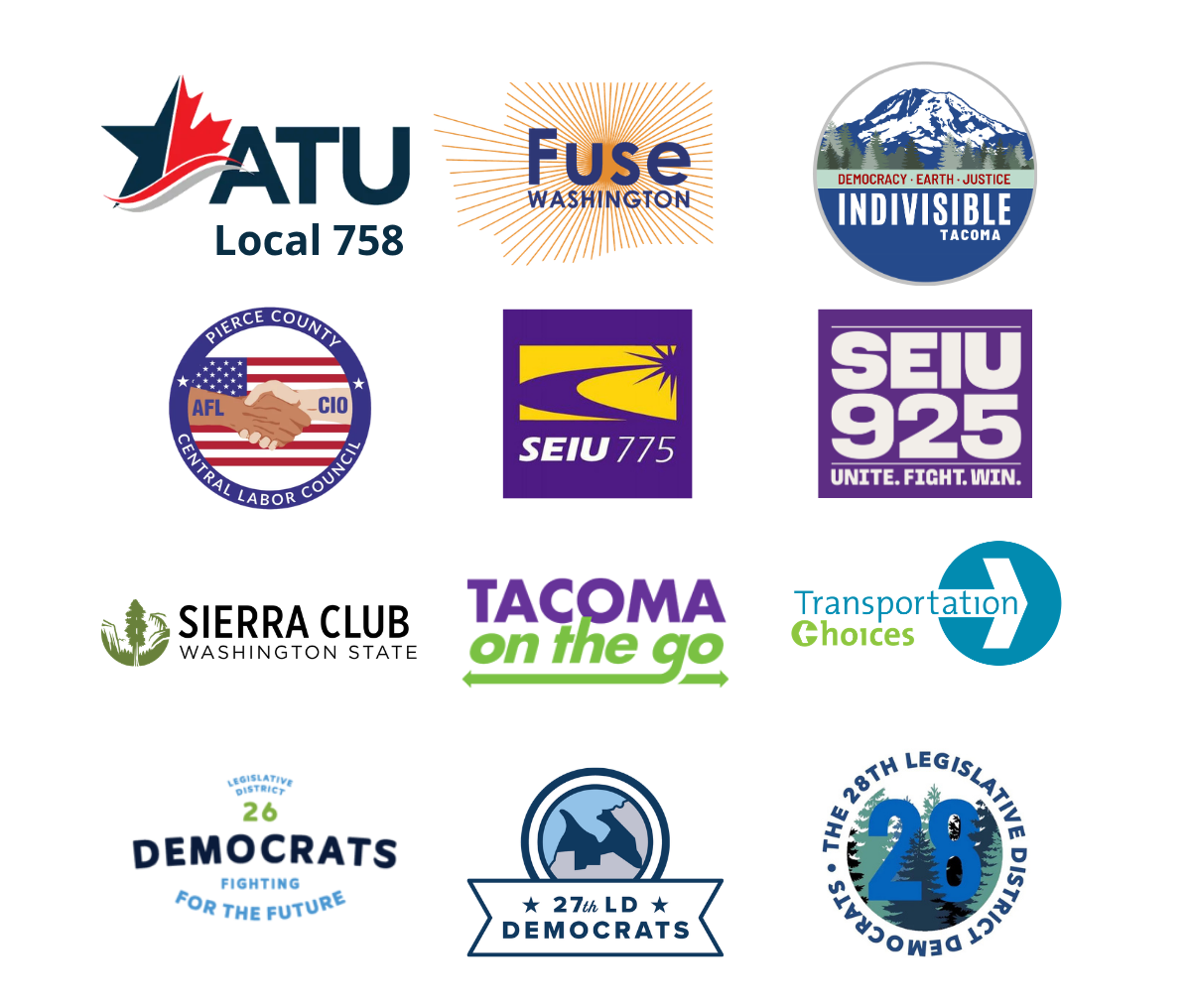 Logos representing various organizations, including ATU Local 758, Fuse Washington, Indivisible Tacoma, Pierce County AFL-CIO, SEIU 775, SEIU 925, Sierra Club WA, Tacoma on the Go, Transportation Choices, and the 26th, 27th, and 28th LD Democrats.