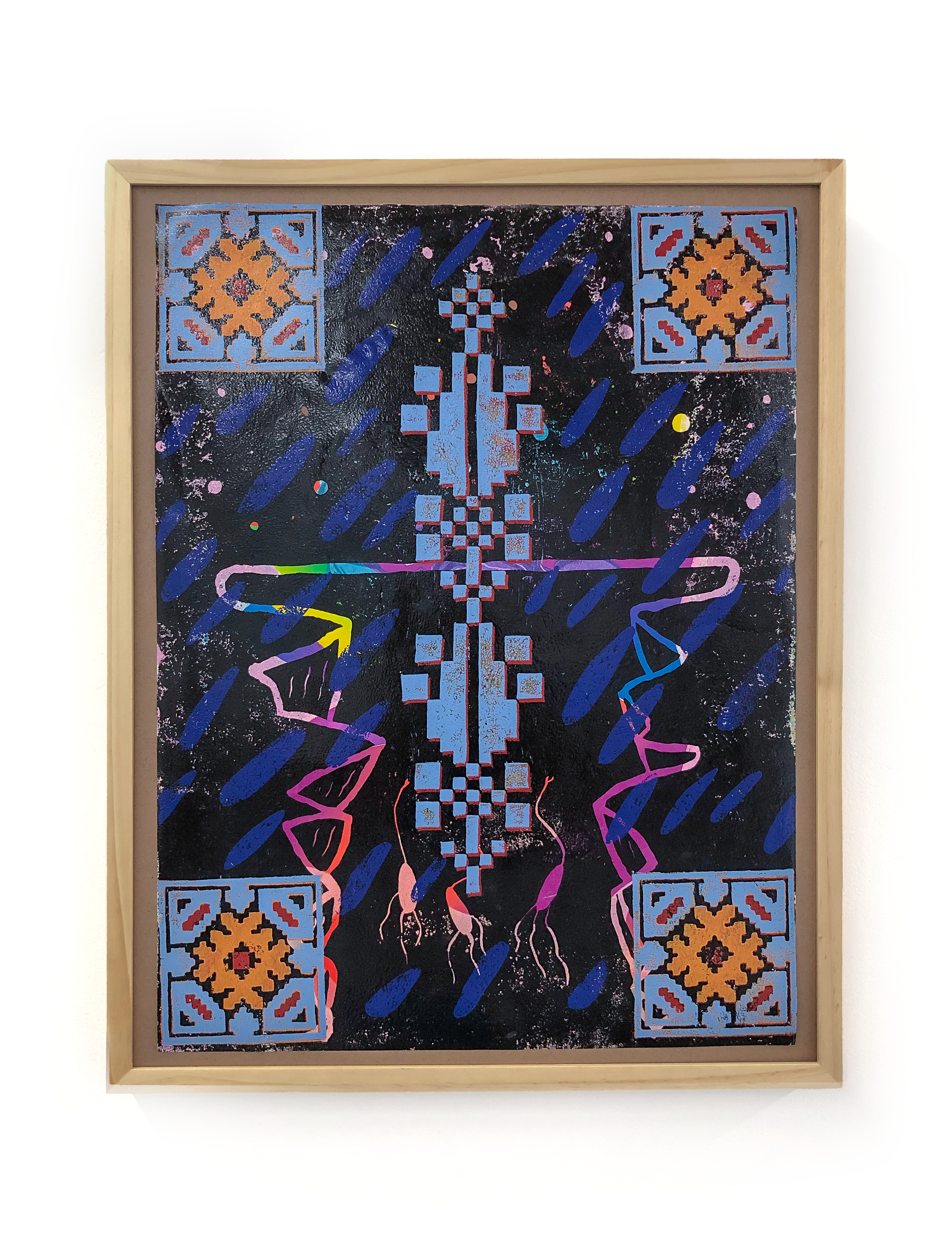 "Facing the Sky" oil relief on paper, 26.5''x20'' Work contains illustrations from Tirazain 