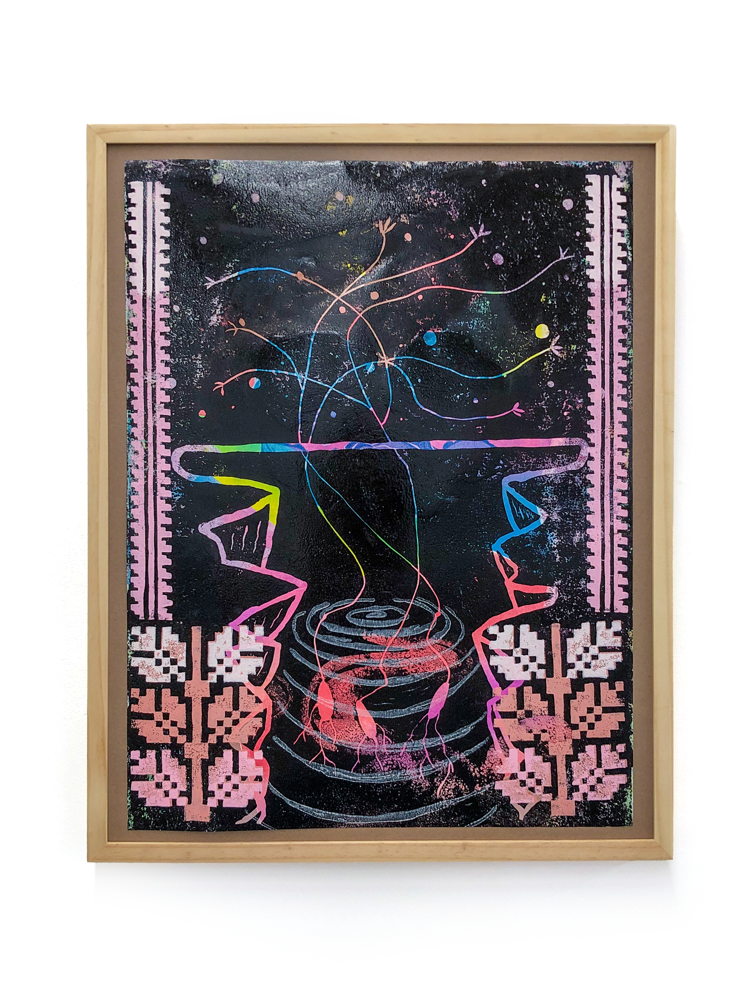"Three Growth" oil relief on paper, 26.5''x20'' Work contains illustrations from Tirazain