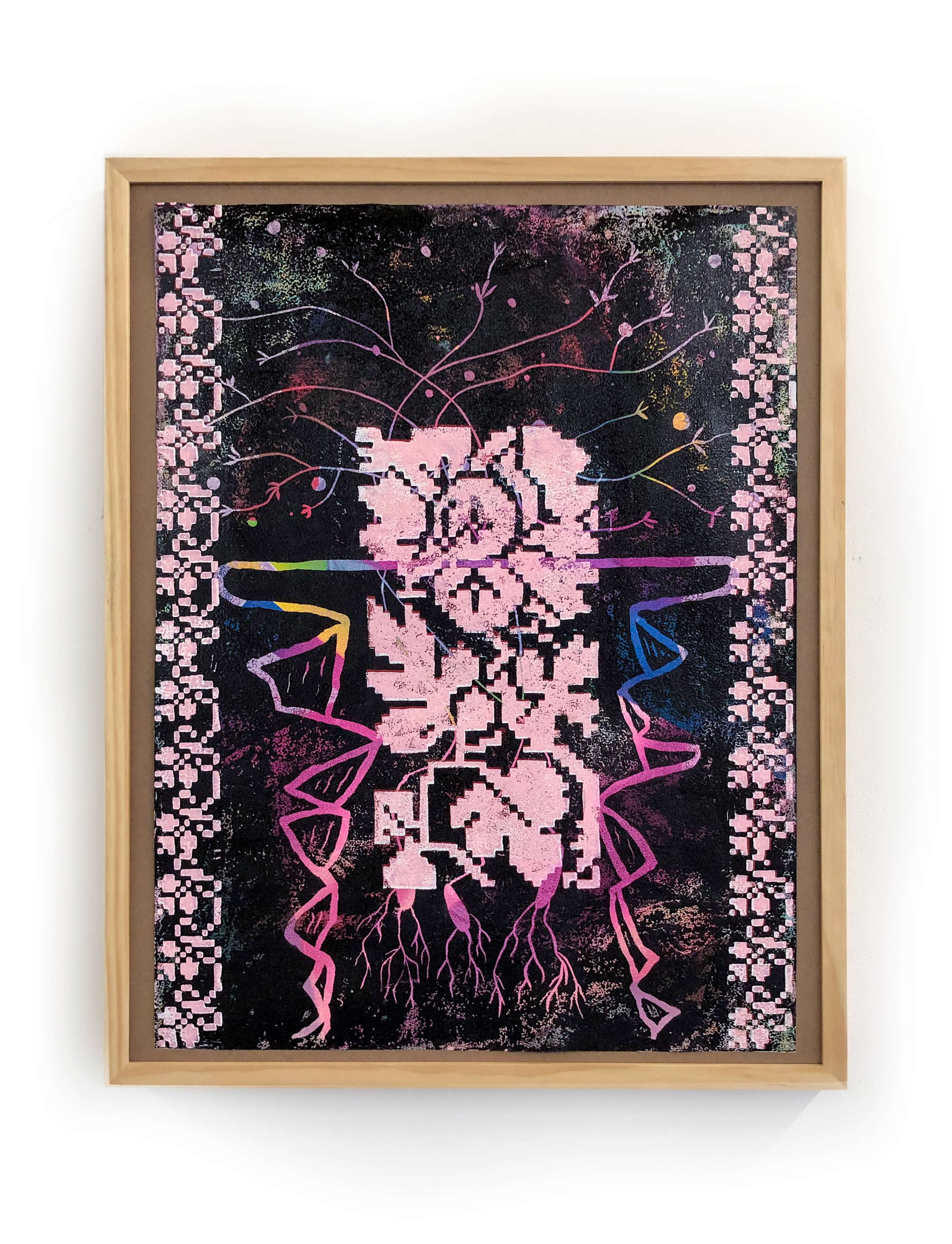 "Facing the Moon" oil relief on paper, 26.5''x20'' Work contains illustrations from Tirazain  