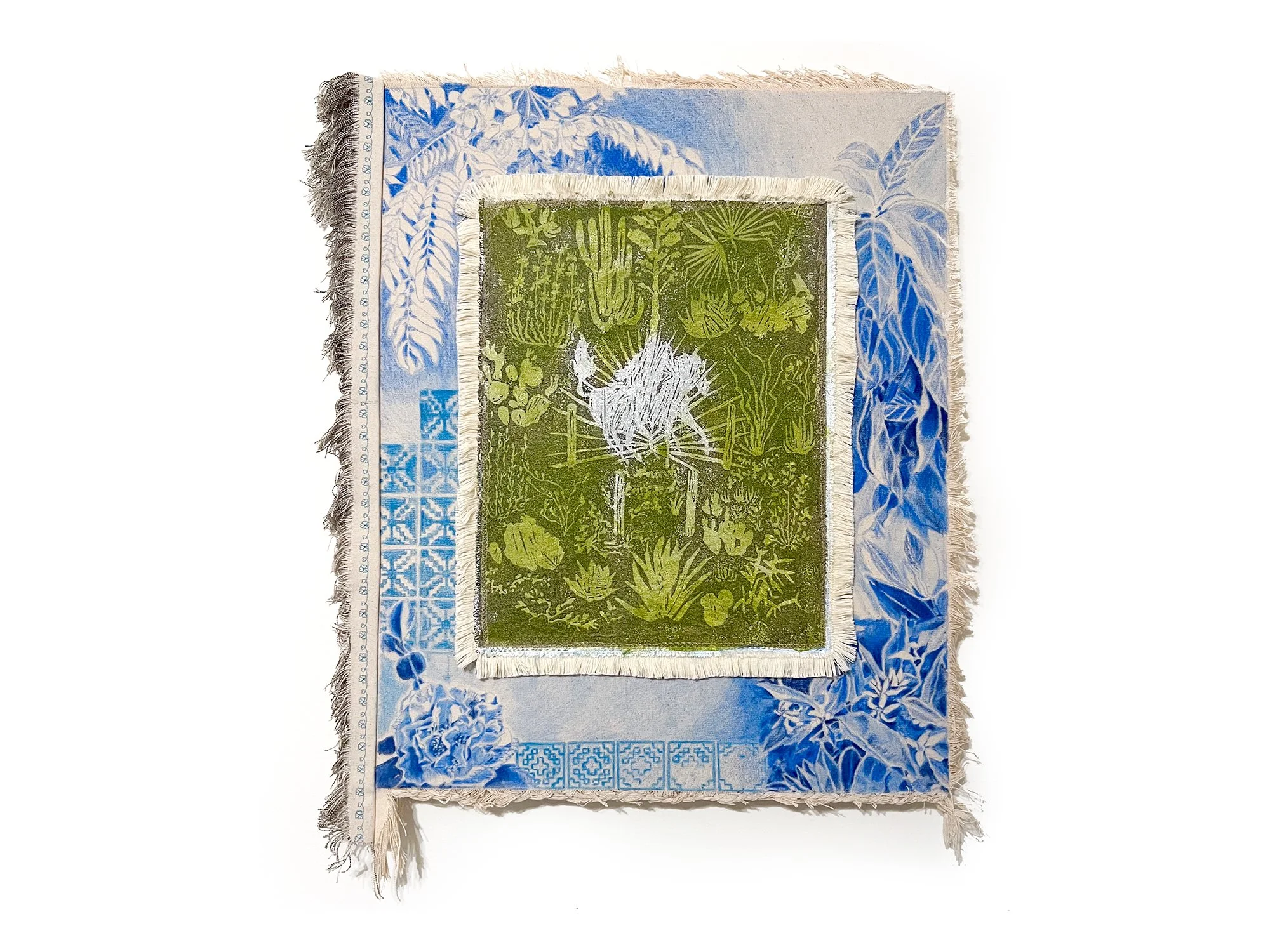 "For Joseph", oil relief, thread, crayon on canvas mounted on panel, 24''x20'' Work contains illustrations from Tirazain and "Thobna" by Wafa Ghnaim