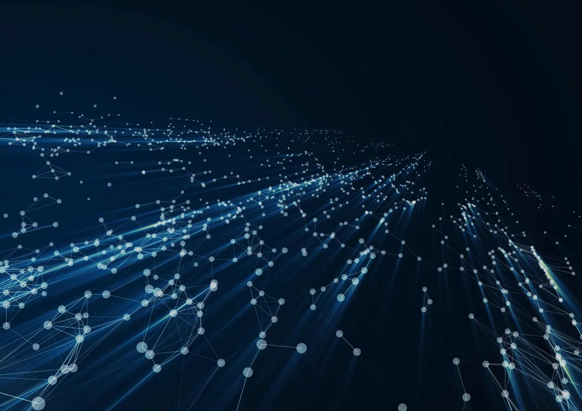 Digital artwork depicting interconnected glowing dots and lines against a dark background, representing a network or data connections.