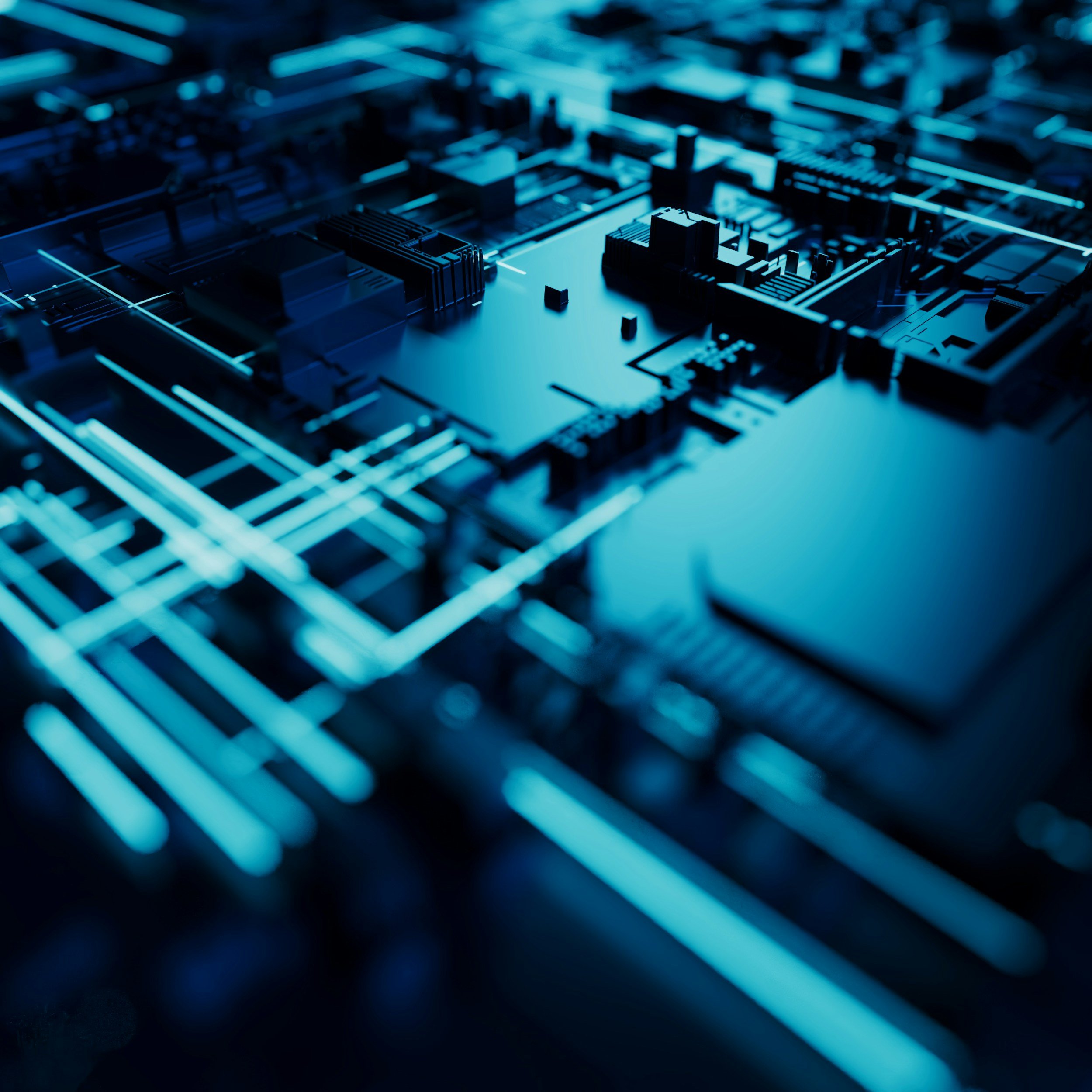 Close-up of a circuit board with illuminated blue lines and components, creating a futuristic tech pattern.