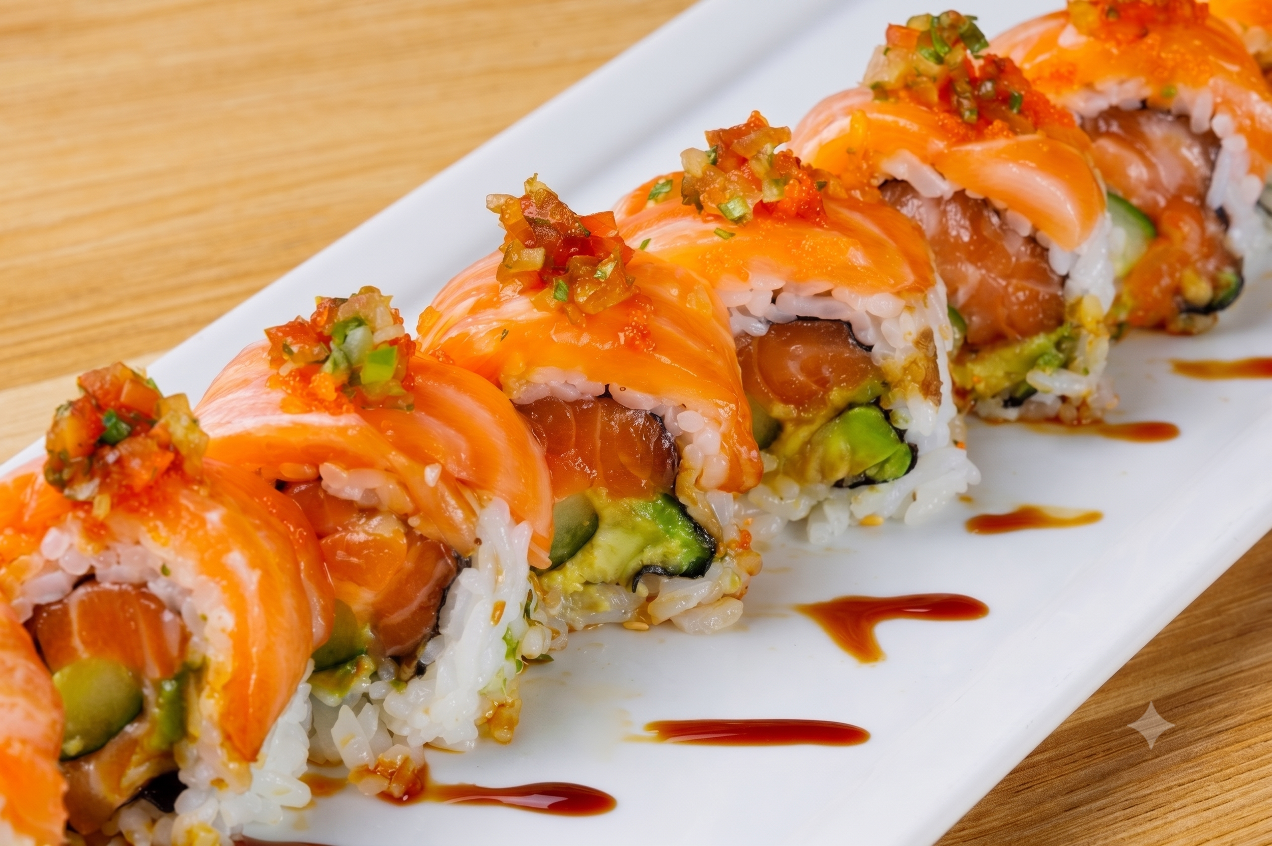 Sushi roll topped with orange salmon slices, and chopped green onions, served on a white rectangular plate with a drizzle of sauce.