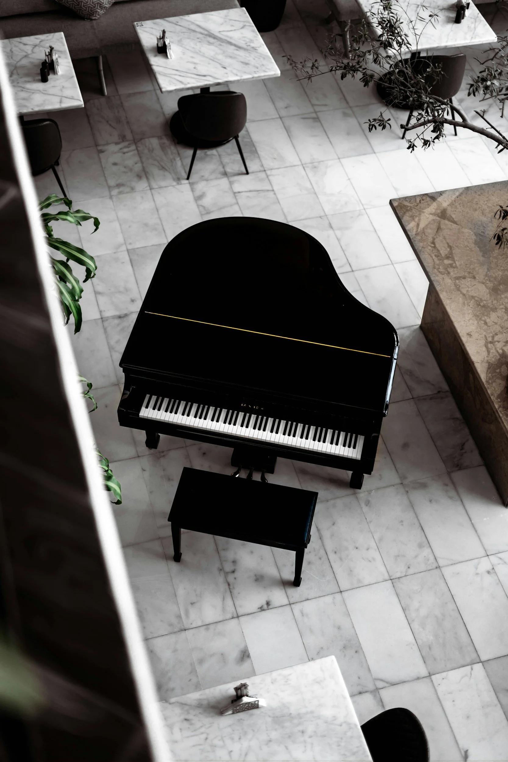 Interior view of a modern space with marble tables, black chairs, a grand piano, and potted plants on a marble floor.