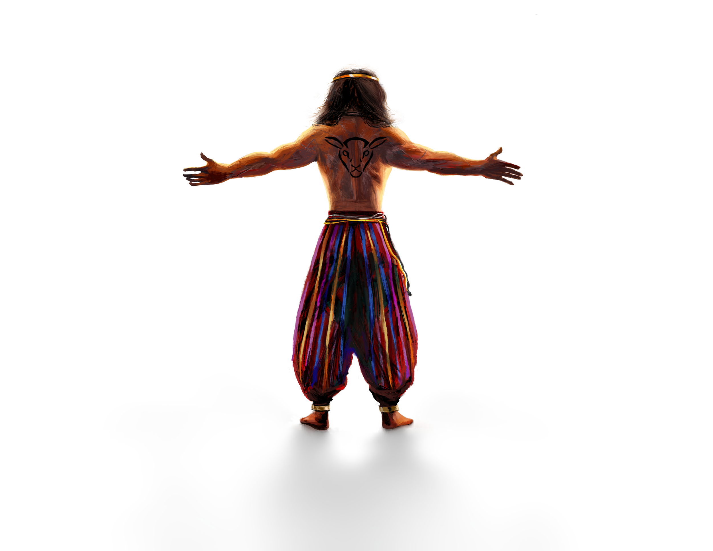 A man with long hair, facing away, wearing colorful harem pants with a lamb's face tattoo on his back, arms outstretched, standing barefoot against a white background with his shadow casted behind him.