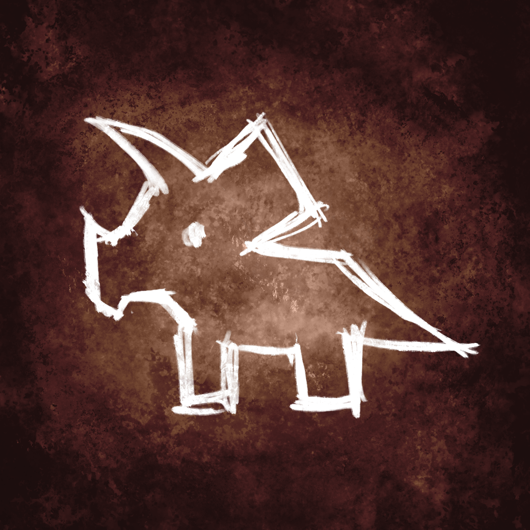White chalk drawing of a cartoon-like dinosaur on a dark brown textured background.