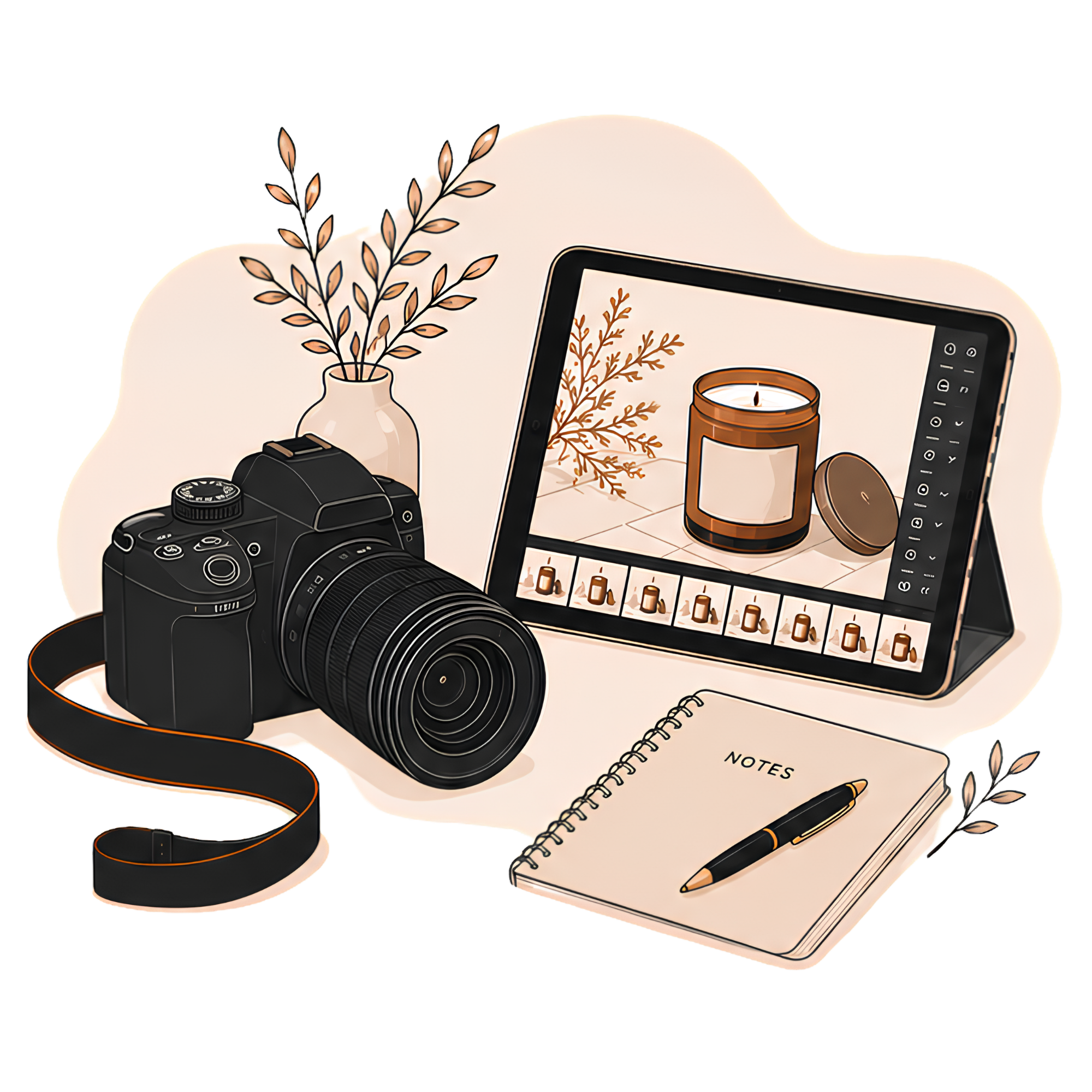 A digital art illustration of a camera, a roll of film, a notebook, a pen, and a tablet screen showing a photo of a candle and branches in a vase, arranged on a white background.