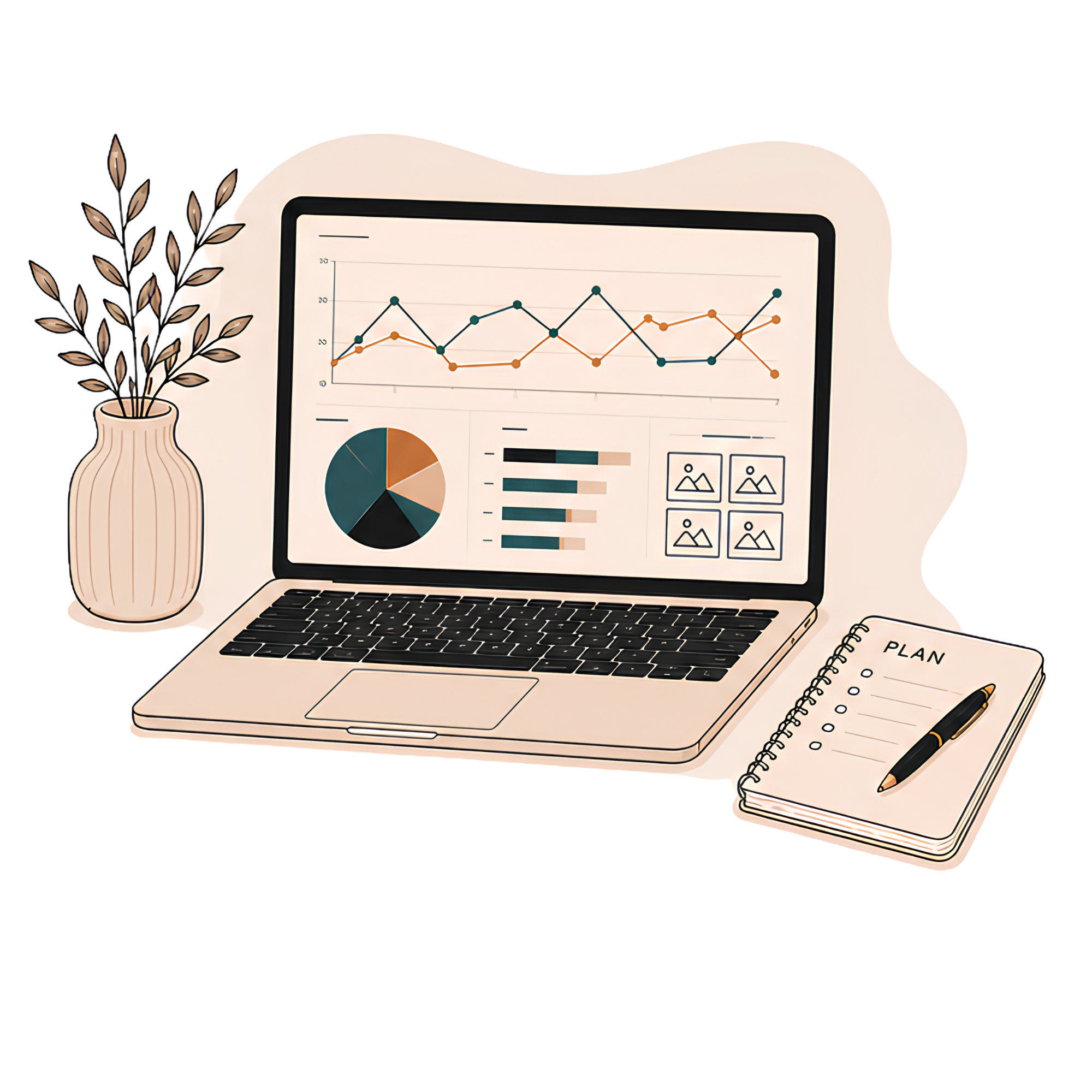 Laptop displaying various financial charts and graphs, placed next to a notebook titled 'PLAN' and a pen, with a decorative vase of leaves on the left side.