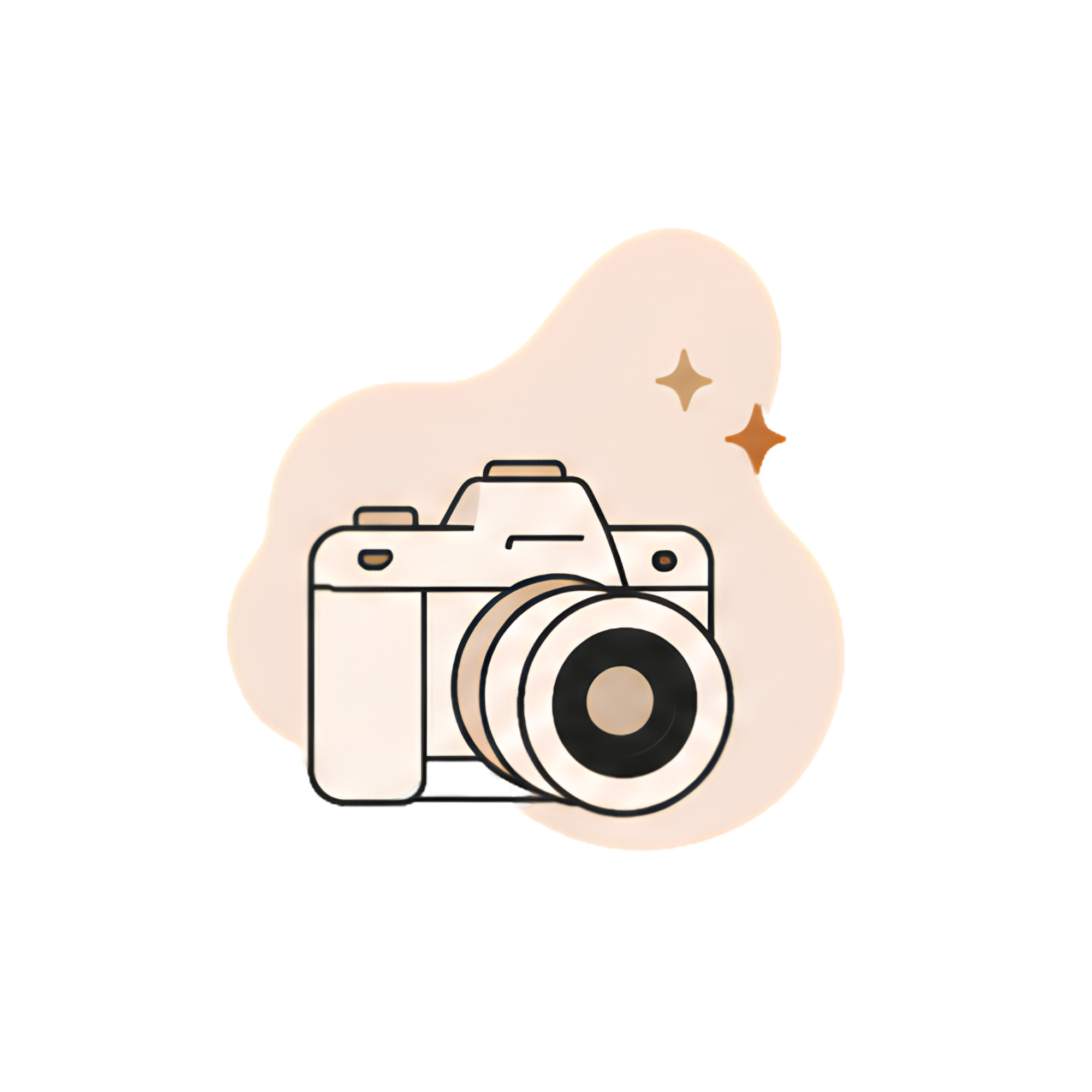 Illustration of a camera with a camera flash in front of a star and cloud background.