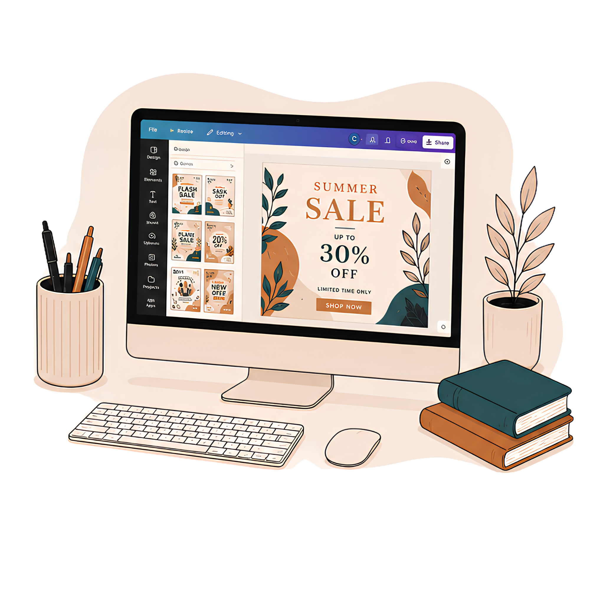 Computer screen displaying a summer sale graphic with discount details, surrounded by office supplies and books on a desk