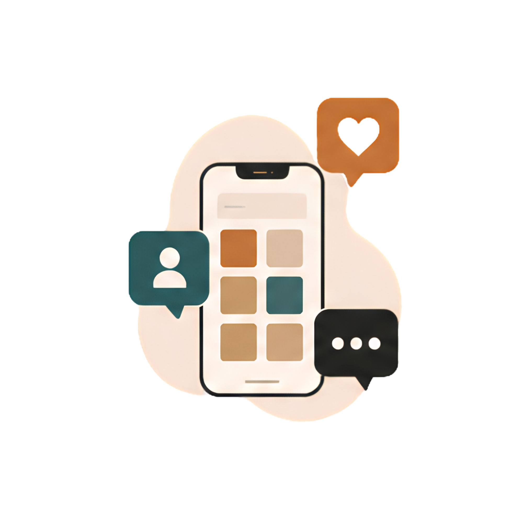 Illustration of a smartphone with app icons, a speech bubble with a heart, and other digital elements.